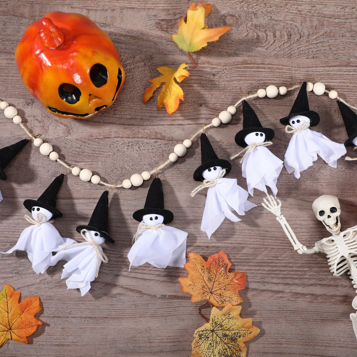 VitalCozy 7ft Halloween Garland Cute Witch Hat Ghost with Wooden Beads Garlands Farmhouse Rustic Halloween Banner for Wall Haunted House Party Yard Outdoor Spring Decor Supplies