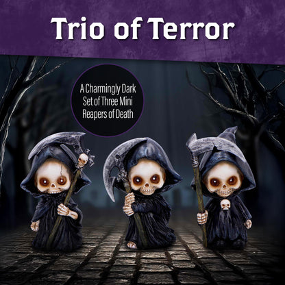 Nemesis Now Trio of Terror Mini Grim Reaper Figurines, Set of 3 Gothic Skeleton Statues, 3.5 Inch Halloween Decor for Shelves Desks and Creepy Gifts