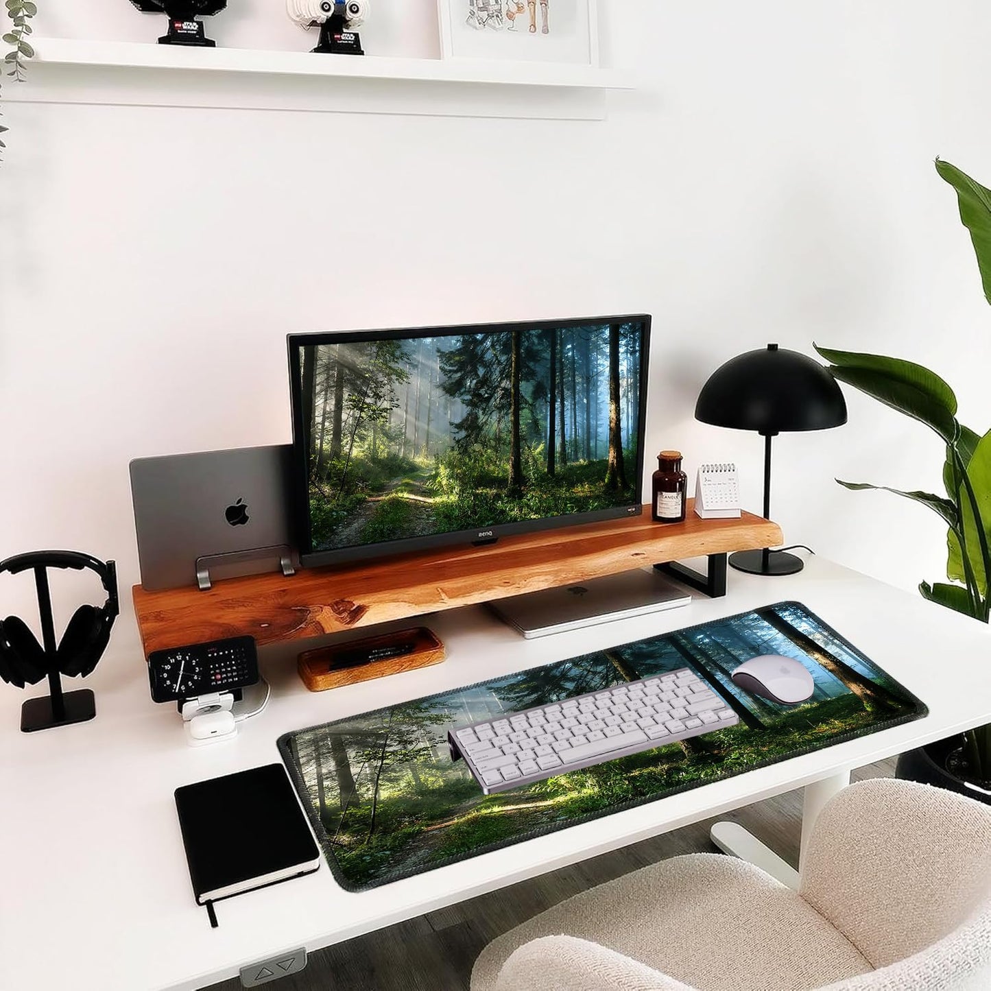 Gudnis Morning Mist Forest Mouse pad, Micro-Woven Fabric Desk pad,Large Green Tree Natural Scenery Desk mat with Sewn Edges, Anti-Slip Rubber Base, Suitable for Office laptops, Size 31.5×11.8 in
