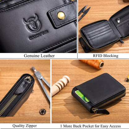 BULLCAPTAIN Genuine Leather Wallet for Men Large Capacity ID Window Card Case with Zip Coin Pocket QB-231 (Black)