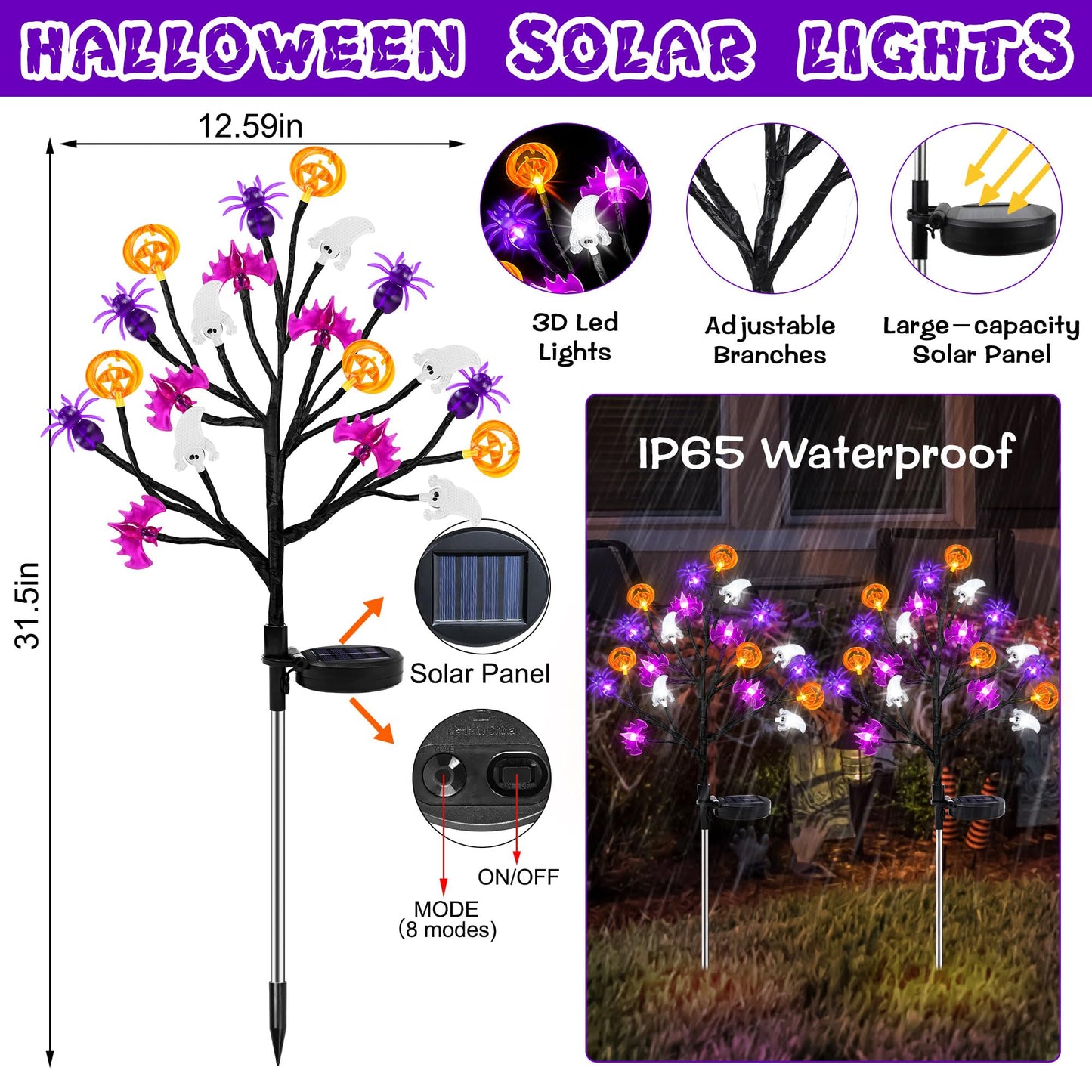 Halloween Decorations Outdoor Solar Lights, 2 Pack Halloween Lights Outdoor Solar Lights Waterproof with 20 LED Ghosts Bats Spiders Pumpkin Light, 8 Modes Solar Pathway Lights for Halloween's Decor