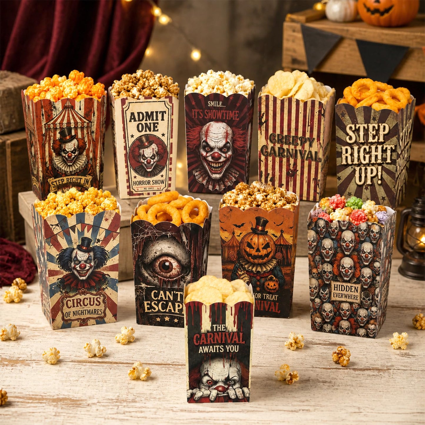 100 Pcs 10 Styles Halloween Creepy Clown Popcorn Boxes Cardboard Popcorn Bags Snack Boxes Spooky Treat Bags for Candy Biscuits Party Favors Halloween Movie Night Supplies Party Supplies