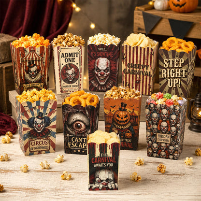 100 Pcs 10 Styles Halloween Creepy Clown Popcorn Boxes Cardboard Popcorn Bags Snack Boxes Spooky Treat Bags for Candy Biscuits Party Favors Halloween Movie Night Supplies Party Supplies
