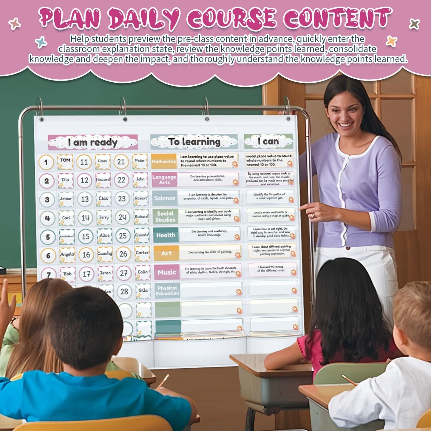 BOHEMIABY Visible Learning Classroom Pocket Chart - Reusable Dry Erase Study Goals Board, Motivational Incentive Chart for Learning Goals, Behavior Tracking & Centers Rotation, Homeschool(White)
