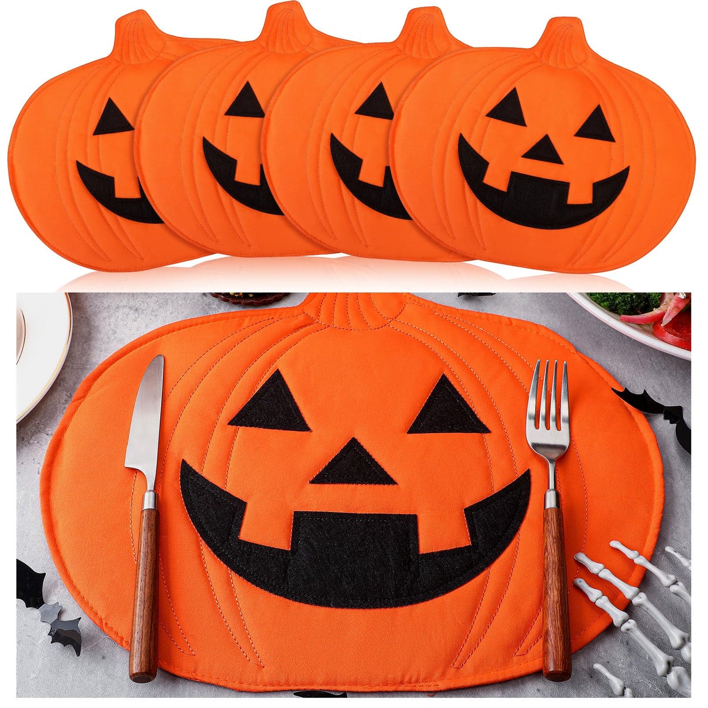 Widecook 4 Pcs Halloween Pumpkin Placemat Jack O Pumpkin Shaped Table Mats 13" x 14" Fall Autumn Harvest Table Decoration for Thanksgiving Holiday Festival Kitchen Dinner Tabletop Party Decor(Smile)