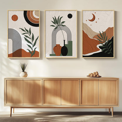 Framed Boho Sage Green Wall Art for Living Room, Large Mid Century Modern Tropical Leaf Canvas Artwork for Walls, 3 Piece Beige Orange Bohemian Wall Art Prints for Bedroom Kitchen Hallway, 16x24 Inch