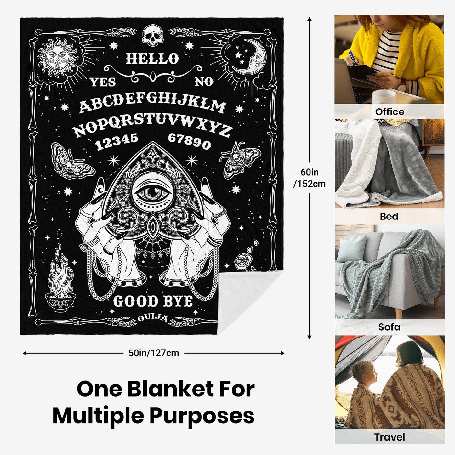 Solzien Ouija Board Blanket 50"x60", Goth Witchy Birthday Gifts for Women/Men, Gothic Skeleton Skull Ouija Board Decor, Halloween Christmas Decorations, Spooky Gifts, Halloween Gothic Throw Blanket