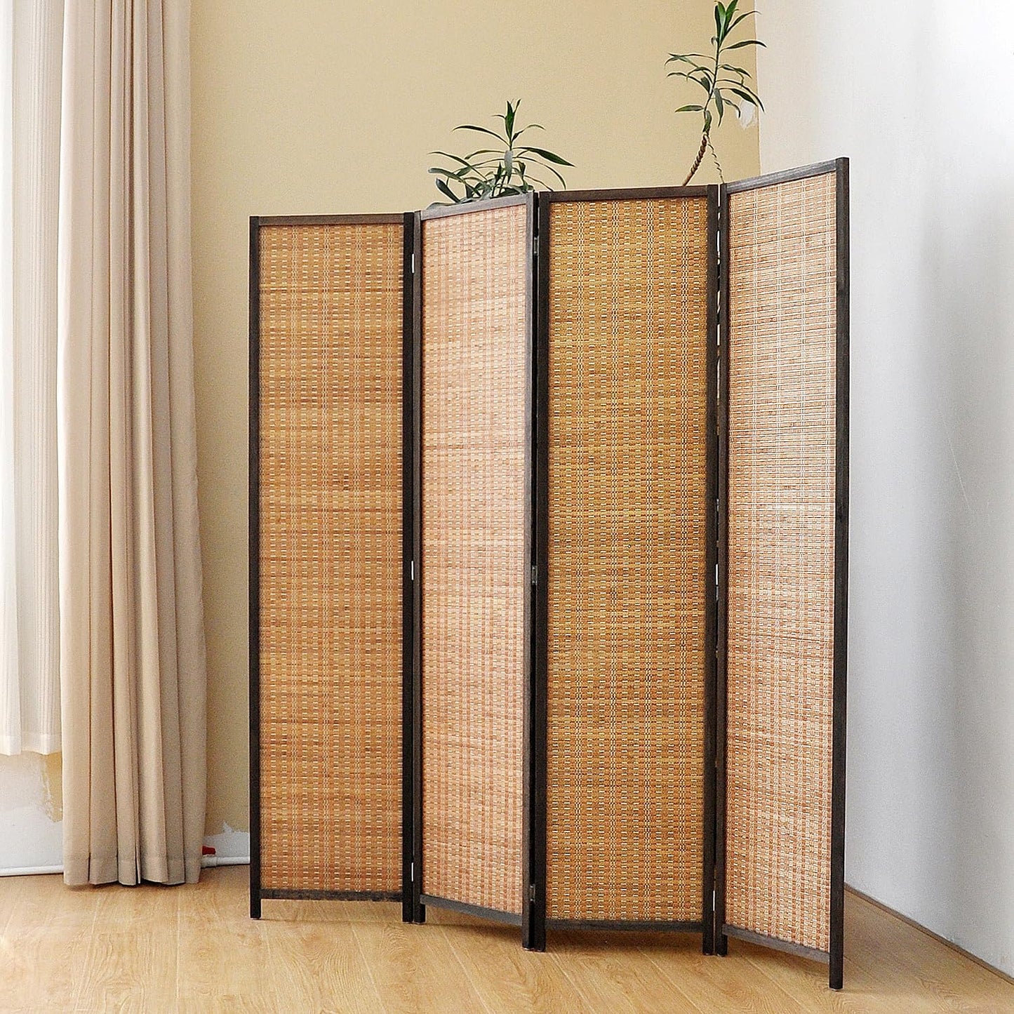 Pawlabay 4 Panel Bamboo Room Divider Screen,5.6 FT Tall Bamboo Divider Folding Panel Screen,Freestanding Panel Divider for Room Seperation,Brown