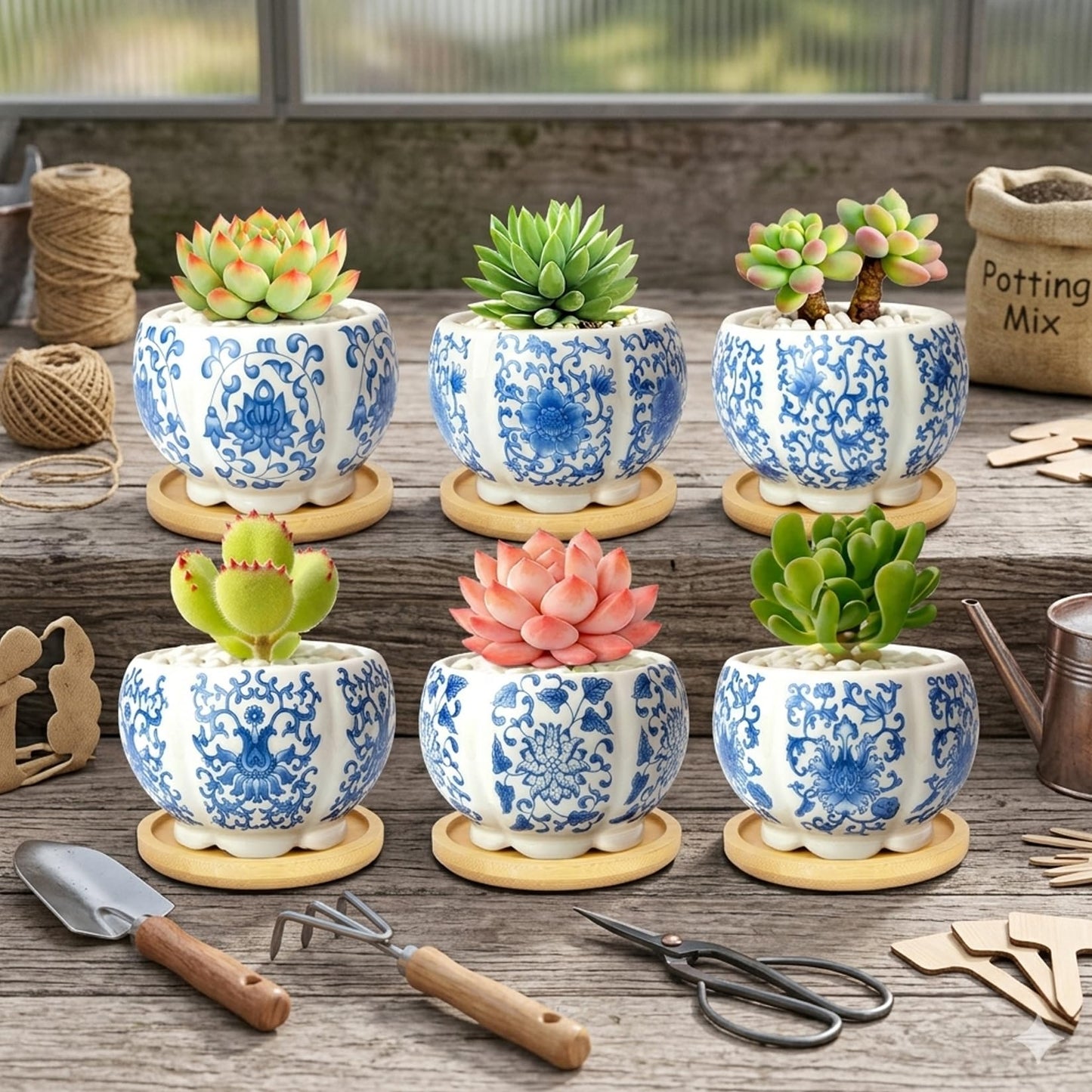 celamos Succulent Pots 6 Pack, Small Flower Pots with Drainage Bamboo Tray, 3.1 Inch Succulent Pots for Indoor Plants, Cactus Pots and Planters, Decorative Small Pots for Home Office