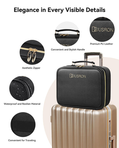 JUSRON Travel Makeup Bag With LED Mirror,Train Case with Light up Mirror, Portable Makeup Artist Organizer Bag with Adjustable Dividers (Black, Large)