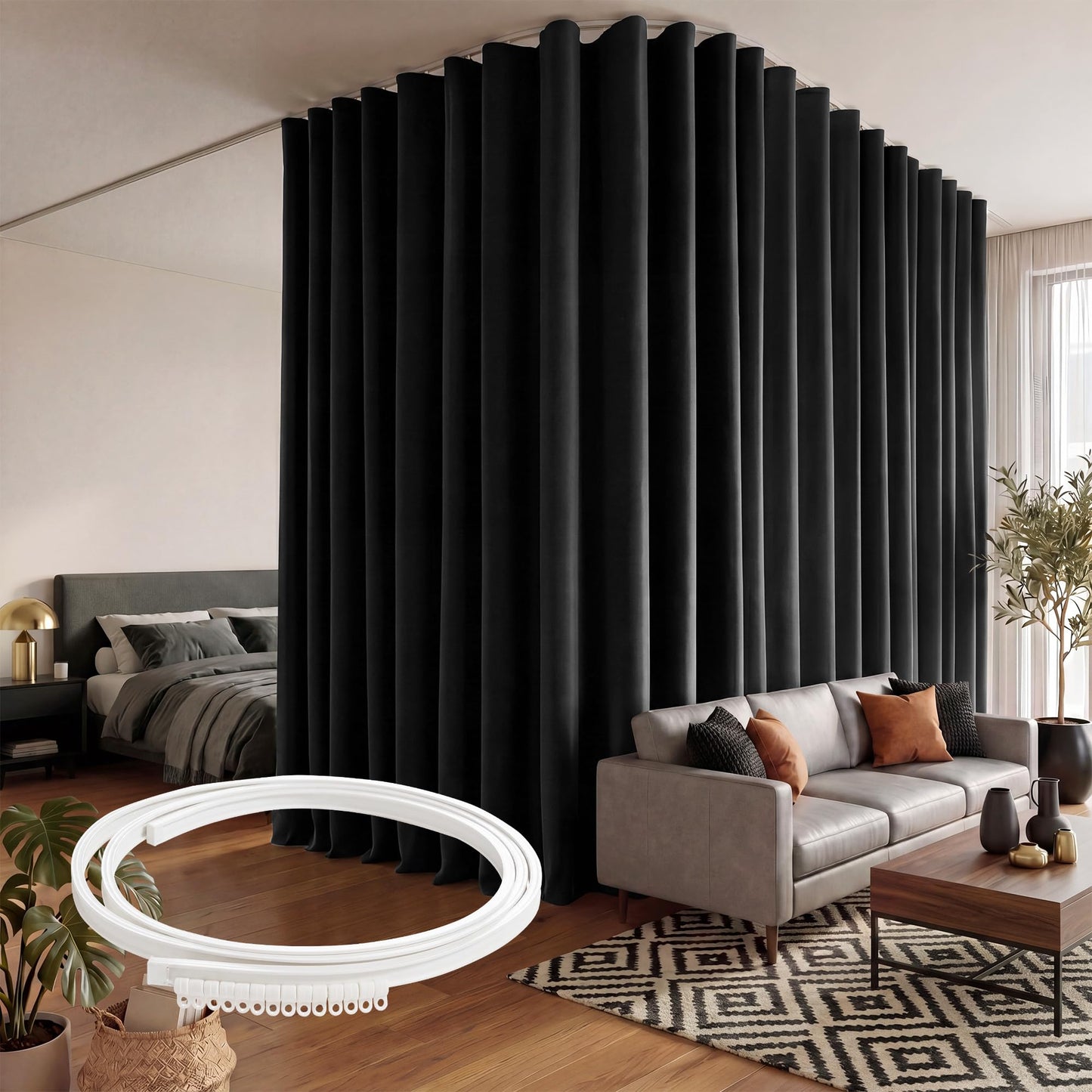 RYB HOME Room Divider Curtains with Flexible Bendable Track, Heavy Duty Blackout Privacy Drape Set for Curved Bedroom/Living Room Bay Windows/RV/Corner Partition, W100xL84, Black, 1 Panel