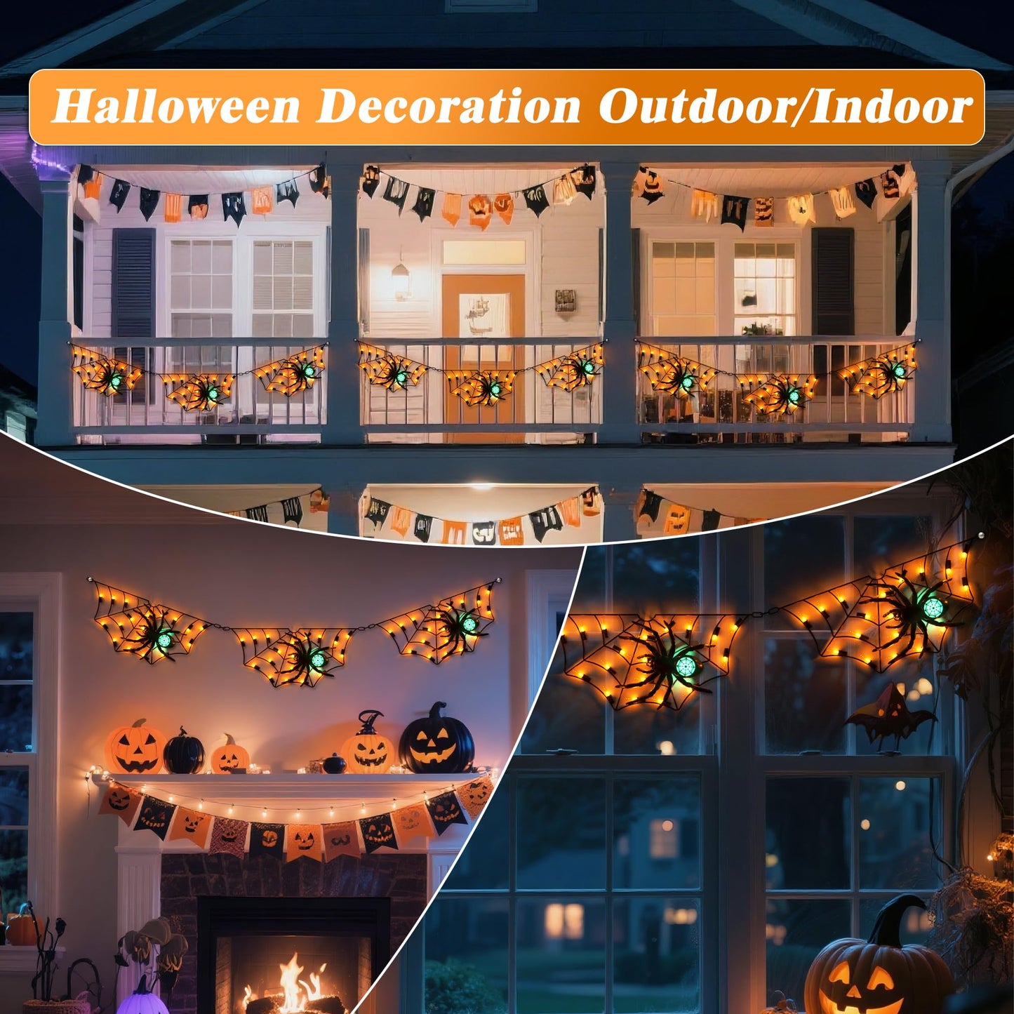 Halloween Decorations Spider Web Lights - 52.8 Inch/4.4 ft Connected Cobweb with Scary Spiders, 54 Orange & 3 Green LEDs, Timer Function, Lighted Spider Nets for Indoor Ourdoor Yard Patio