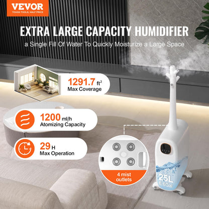VEVOR Humidifier for Home Large Room, Commercial Humidifier for Whole House 1291.7 sq ft, 16L Water Tank & Night Light & 12h Timer & Auto Shut-Off, Greenhouse, Commercial Branch Tube w/ 360° Nozzle