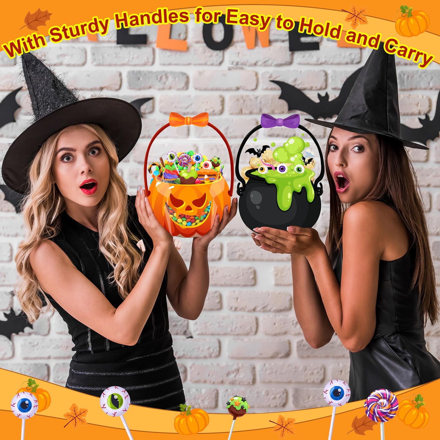 Fuutreo 50 Pcs Halloween Bags Plastic Halloween Goodie Bags with Handles Scary Cauldron Sealed Pouch Sealing Pumpkin Treat Candy Pouch for Scary Holiday Party Candy Gift Supplies Decor(Bubble Gourd)