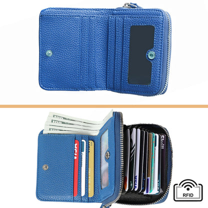 DELIRSTYIN Genuine Wallet Women RFID Blocking Card Holder, Small Leather Womens Wallet with Zipper ID Window Coin Pocket