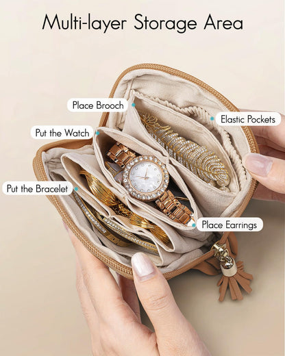 VLANDO Small Travel Jewelry Case,Jewelry Pouch Bags with Zipper,Velvet Jewelry Organizer Storage Bag for Bracelet Rings Earring-Brown