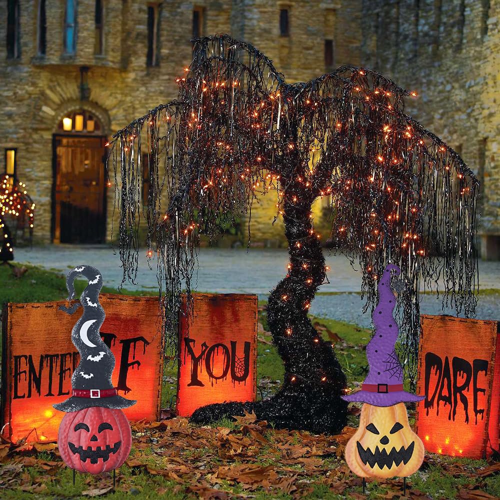 YEAHOME Halloween Decorations Outdoor, Set of 2 Pumpkin Garden Stakes with Witch Hats for Halloween Decor, Jack o' Lantern Metal Pumpkin Yard Signs for Outside Garden Lawn Patio Party Decorations