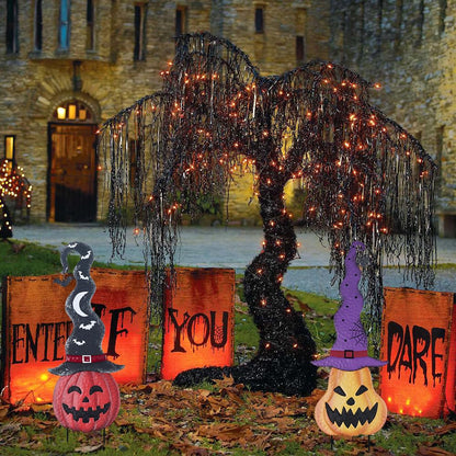 YEAHOME Halloween Decorations Outdoor, Set of 2 Pumpkin Garden Stakes with Witch Hats for Halloween Decor, Jack o' Lantern Metal Pumpkin Yard Signs for Outside Garden Lawn Patio Party Decorations