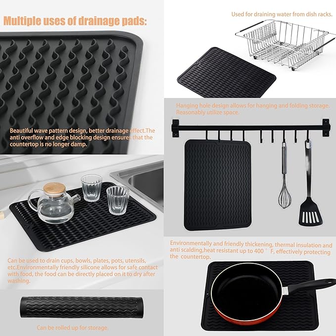 NiuYichee Stainless Steel Dish Drying Rack(15"L X 12.6"W X 4.7"H), Expandable Fruit & Vegetable Drain Rack over Sink, Dish Drainer Rack in Sink, with Stainless Steel Utensil Holder & Silicone Mat(16")