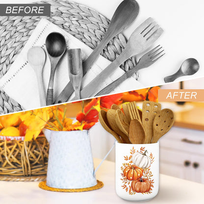 JarThenaAMCS Fall Ceramic Utensil Holder Watercolor Pumpkin Leaves Utensil Crock for Autumn Harvest Thanksgiving Home Kitchen Countertop Storage Organizer Container