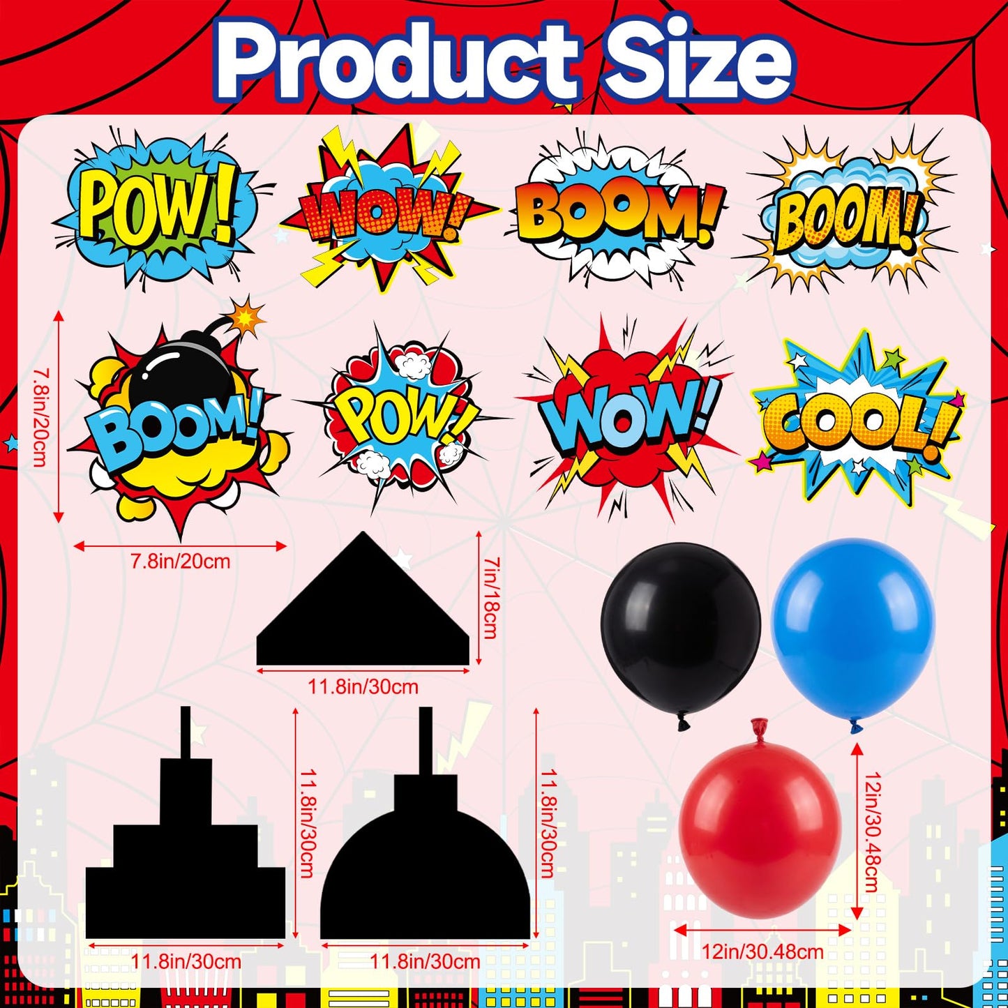 Outus 48 Pcs Spider Web Arch Backdrop Cover Balloons Skyscraper City Boxes Set 7.2ft/6ft Birthday Party Decorations for Photo Props Indoor Outdoor Cosplay Wedding Baby Shower Halloween Backdrop Decor