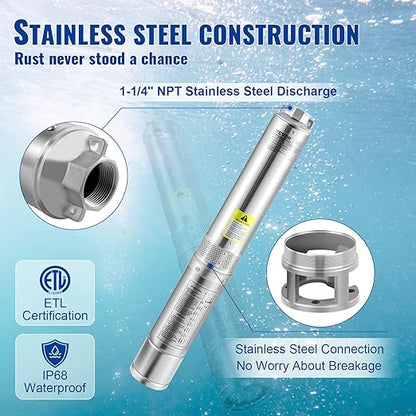 VEVOR Deep Well Submersible Pump, 2HP/1500W 230V/60Hz, 37GPM Flow 427 ft Head, with 33 ft Electric Cord, 4 inch Stainless Steel Water Pumps for Industrial, Irrigation & Home Use, IP68 Waterproof Grade