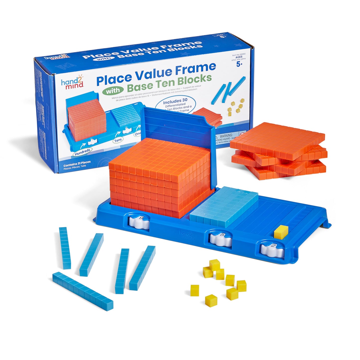 hand2mind Place Value Frame with Base Ten Blocks, Math Manipulatives Kindergarten, Montessori Math Materials, Counting Cubes, Classroom Supplies for Teacher Elementary