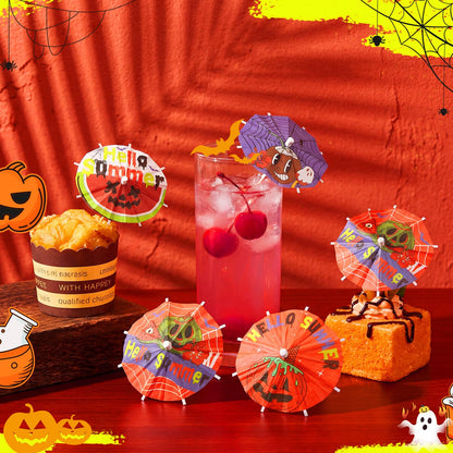 Ferrochef 100 Pcs Summer Halloween Cocktail Umbrellas Picks - Halloween in July Drink Decoration & Cupcake Toppers - Tropical Spooky Summer Paper Parasols Picks for Hawaiian Pool Beach Party Decor