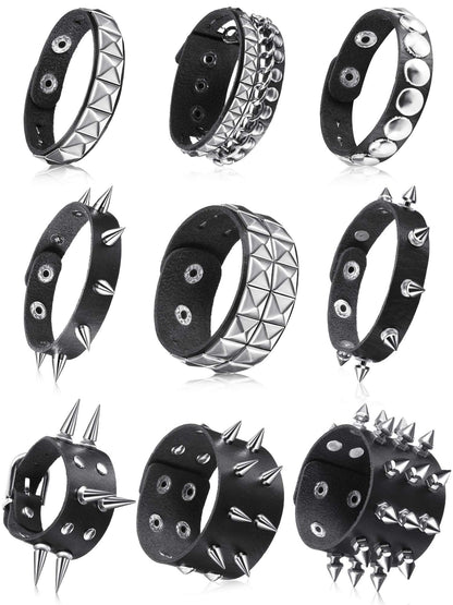 Hicarer 9 Pcs Spiked Studded Bracelet Black Leather Rivet Punk Bracelet Y2k Cuff Wrap Bangle Snap Button Wristband Men Women(Classic Style)