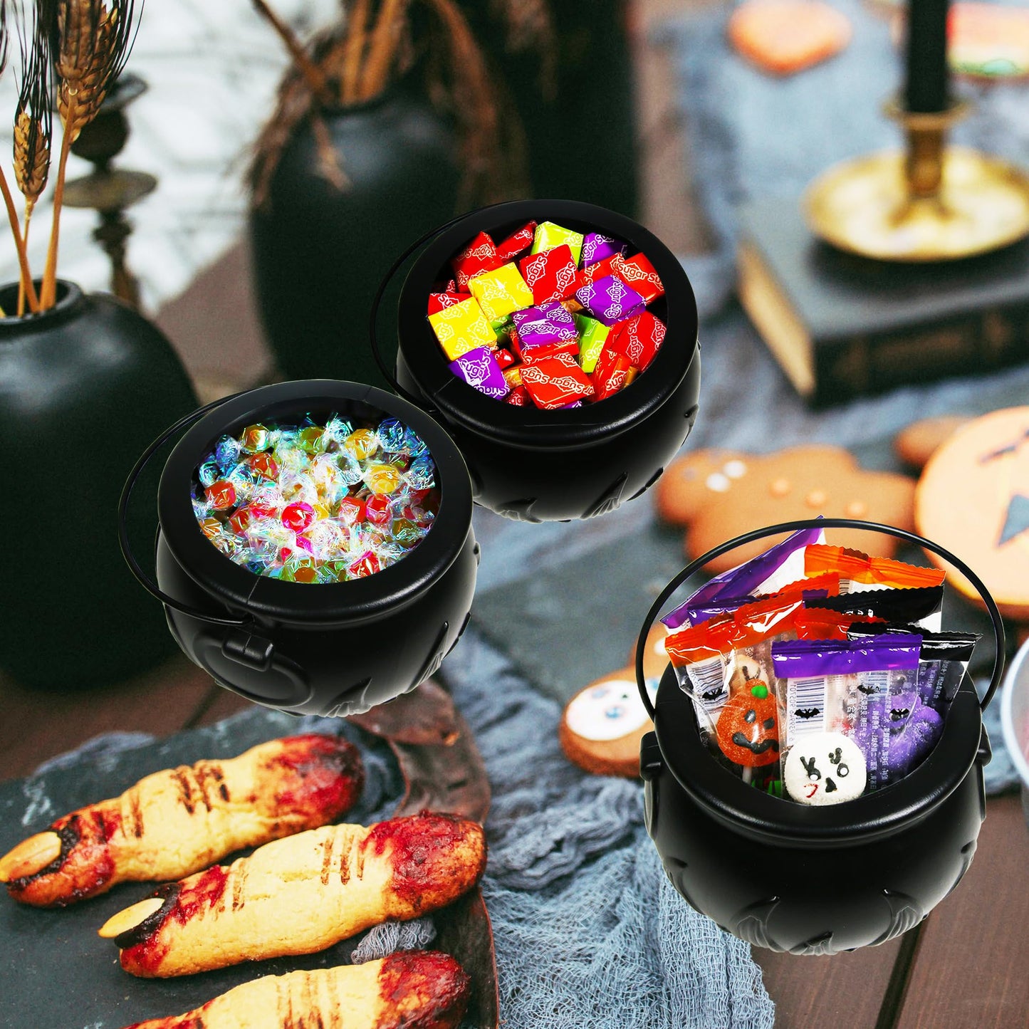 Darnassus Halloween Cauldron on Rack - Set of 3 Witches Serving Bowls, Candy Bowl, Black Plastic Decor for Party Decoration