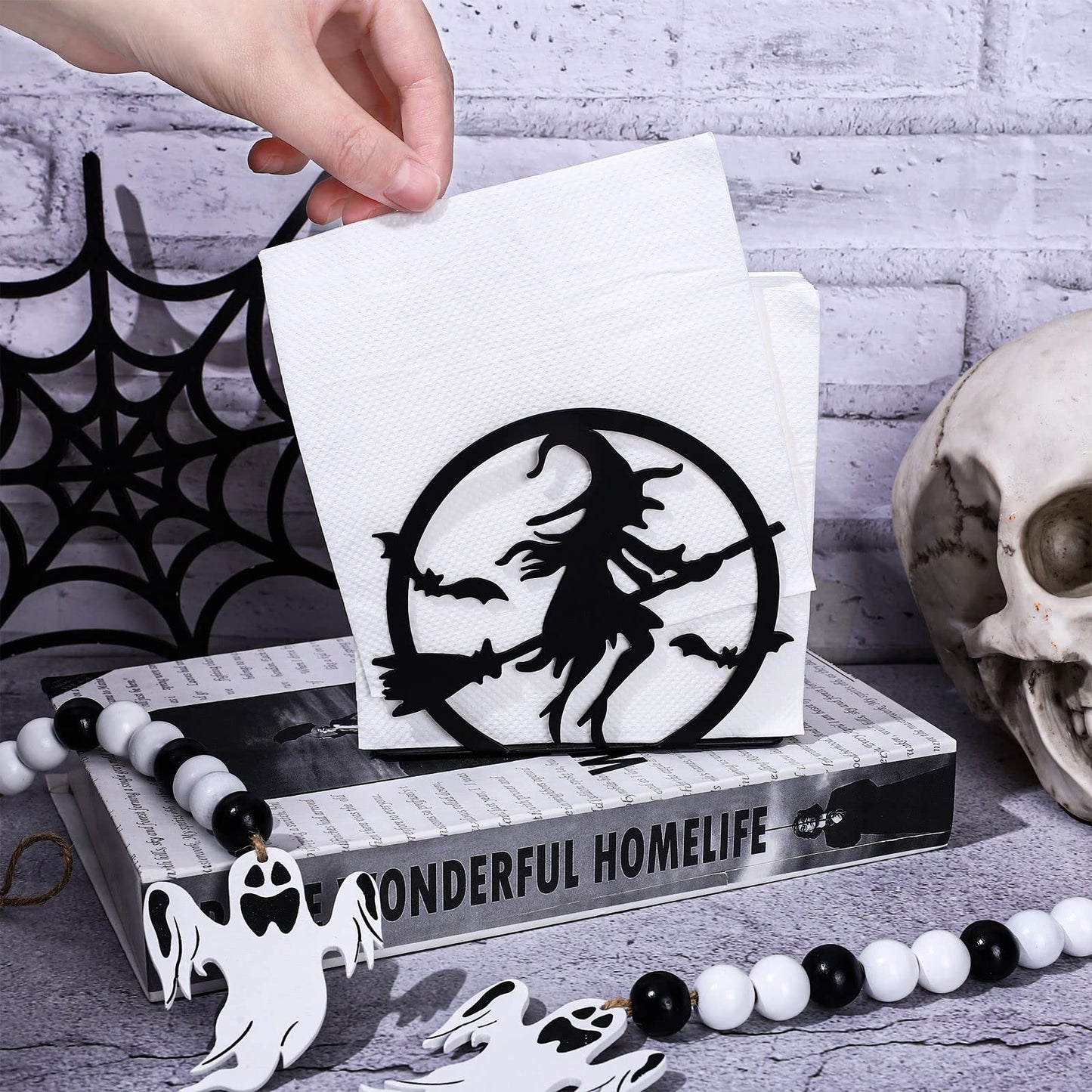 Whaline Halloween Napkin Holder Matte Black Metal Hocus Pocus Design Freestanding Tissue Dispenser Vertical Tabletop Napkin Holder for Square Paper Napkin Dinner Home Kitchen Restaurant Picnic Party
