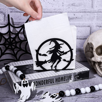 Whaline Halloween Napkin Holder Matte Black Metal Hocus Pocus Design Freestanding Tissue Dispenser Vertical Tabletop Napkin Holder for Square Paper Napkin Dinner Home Kitchen Restaurant Picnic Party