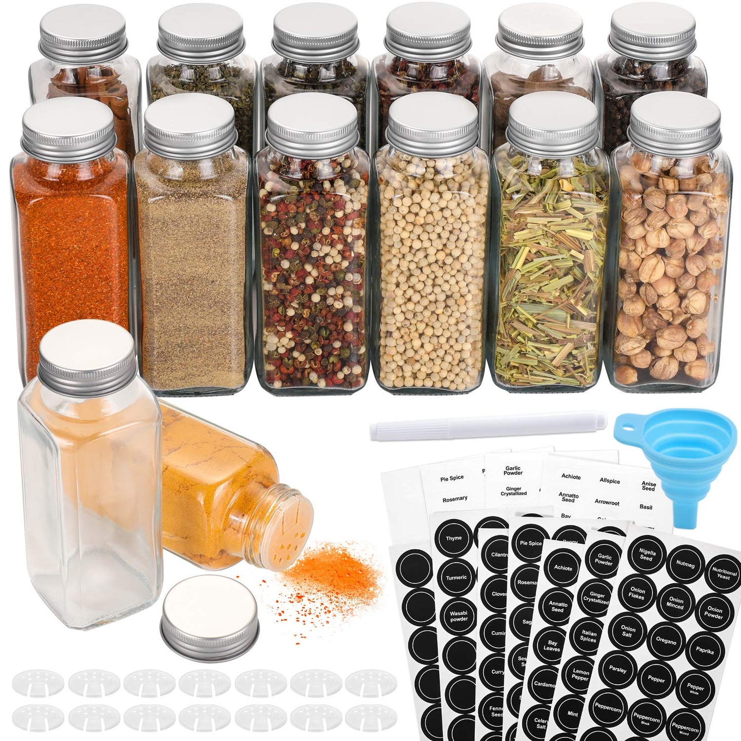 AOZITA 14 Pcs Glass Spice Jars with Spice Labels - 4oz Empty Square Spice Bottles - Shaker Lids and Airtight Metal Caps - Chalk Marker and Silicone Collapsible Funnel Included