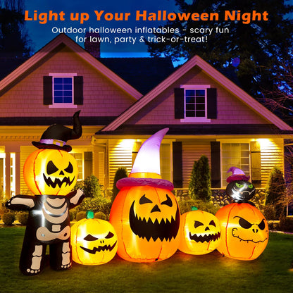 8FT Long Halloween Inflatable Pumpkins Outdoor Decorations, 5 Blow up Pumpkins with Witch Cats Built-in LED Lights, Halloween Inflatables Decor for Outside Yard Lawn