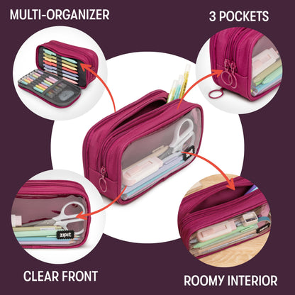 ZIPIT Half & Half Pencil Case for Girls, 3 Compartment Zipper Pouch for School, Stationery Bag for Teen and Adults, Pink