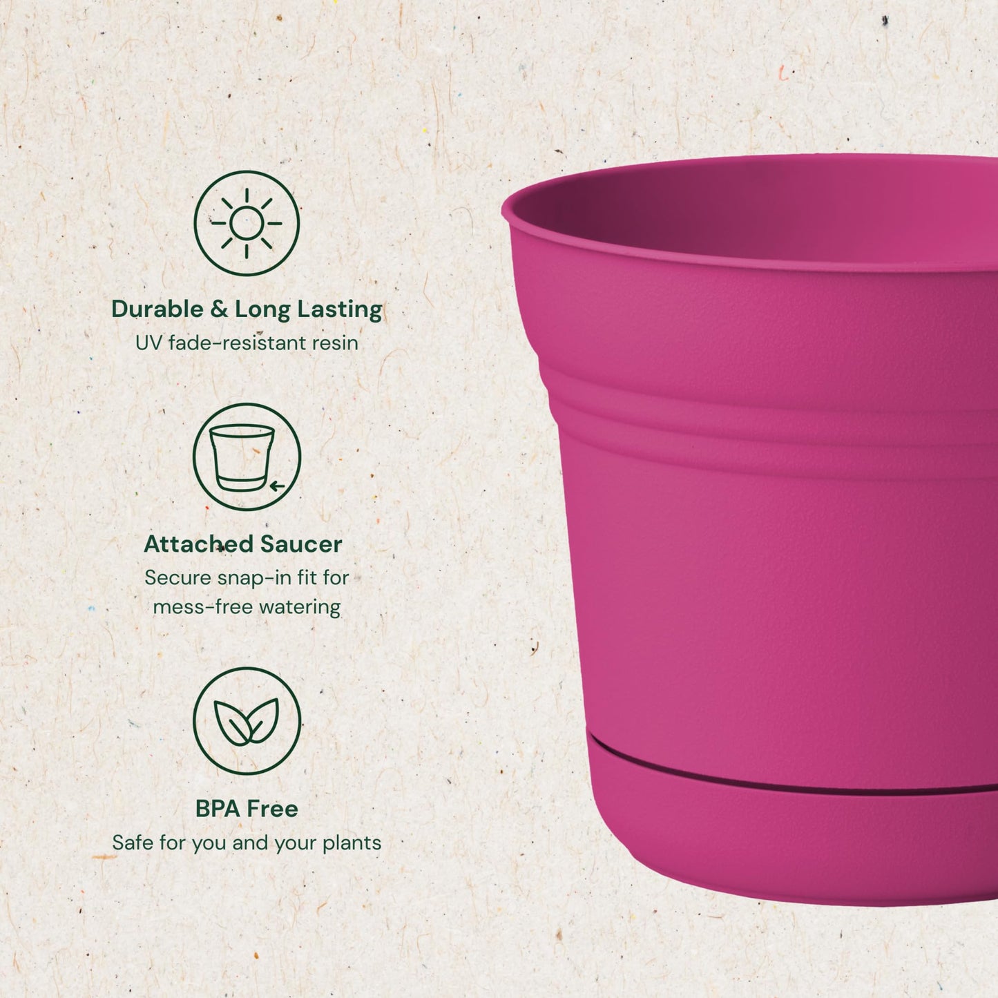 Bloem Saturn 5" Fuchsia Round Planter Pot with Snap-in Saucer for Indoor or Outdoor Gardening, Made in USA