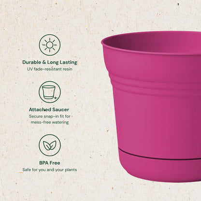 Bloem Saturn 5" Fuchsia Round Planter Pot with Snap-in Saucer for Indoor or Outdoor Gardening, Made in USA