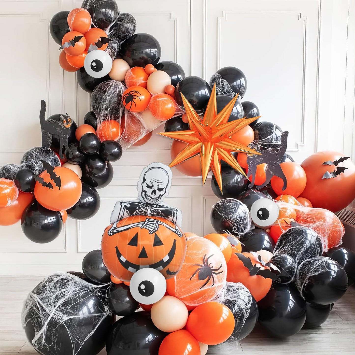 Halloween Balloon Arch Kit with Pumpkin Explosion Star Foil Balloons, Black Orange Beige Balloons Garland Kit with Eyes Balloons, halloween Party Balloons for Halloweens Home Garden Decorations