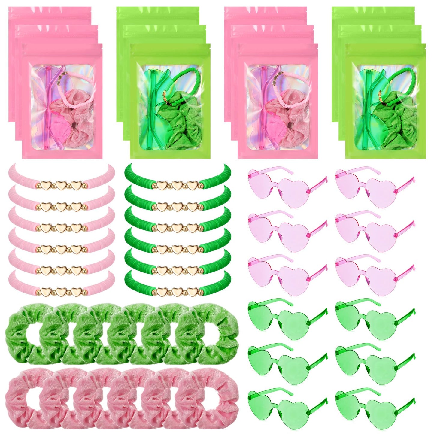 XunYee 48 Pcs Witch Theme Party Favor Supplies Pink and Green Velvet Hair Scrunchies Friendship Bracelets Sunglasses Bags 12 Set Neon Friendship Gifts for Fans Women Pink and Green Party Favors