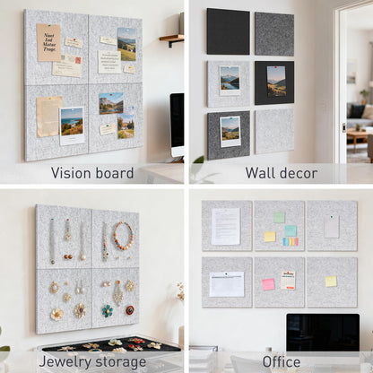 QUEENLINK Large Cork Board 36"x24", 6-Pack Self-Adhesive Felt Bulletin Board Tiles with 60 Push Pins, Square Felt Wall Panels Pin Board Tack Board Wall Organizer for Home Office Decor, Light Grey