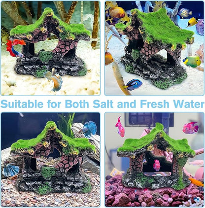 Hamiledyi Resin Hollow Hideout House for Aquarium Decoration Fish Tank Accessories Betta Cave with Lifelike Moss for Shrimp Fish Shelter
