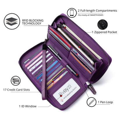 Bveyzi Women RFID Blocking Wallet Leather Zip Around Phone Clutch Large Capacity Ladies Travel Purse Wristlet (Purple)