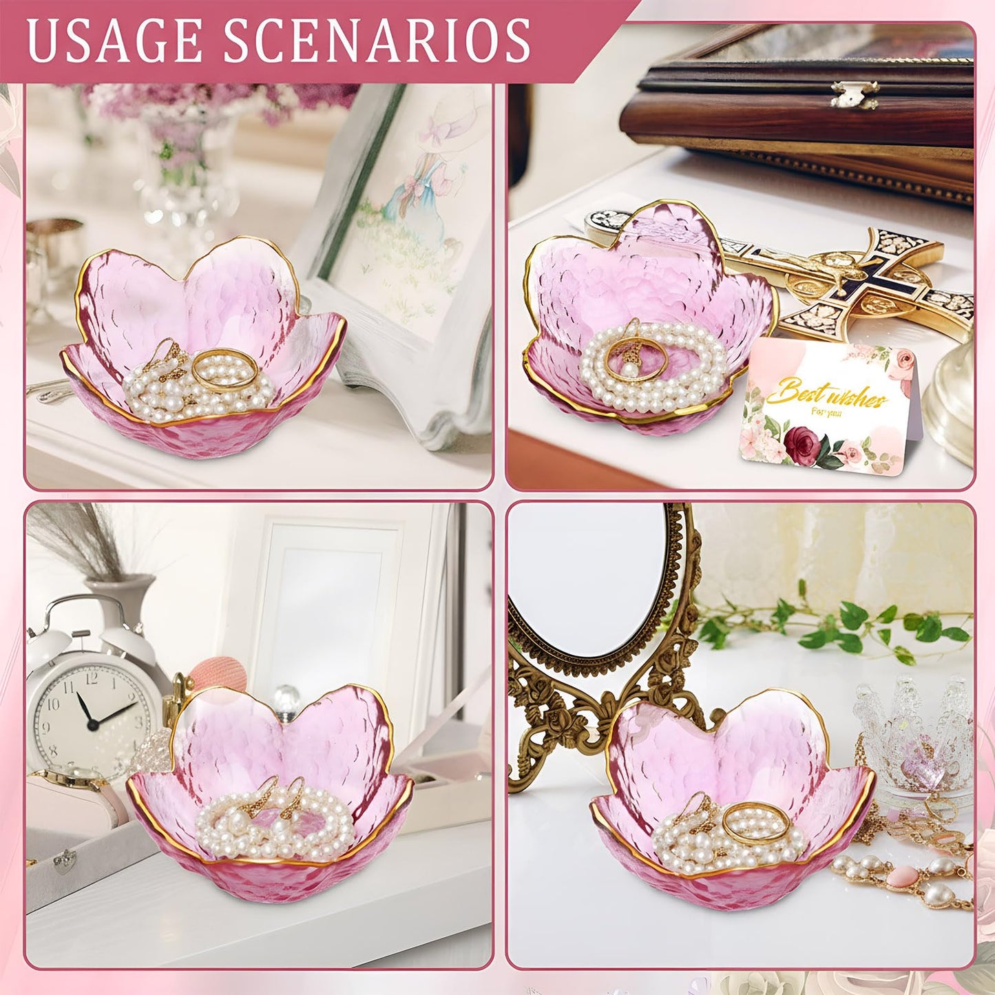 Quelay 8 Set Purple Flower Ring Dish Jewelry Tray with Box Greeting Card Small Glass Trinket Dish Tray for Earrings Jewelry Room Decor Bulk Appreciation Gift for Graduation Women Teacher Friends