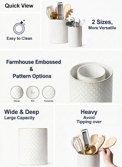 LE TAUCI Kitchen Utensil Holder for Countertop - 7.1"+5.4" Ceramic Utensil Crock Set of 2, Large Cooking Utensil Organizer for Spatula, Spoon, Whisk - Farmhouse Storage, Embossed, Fireworks