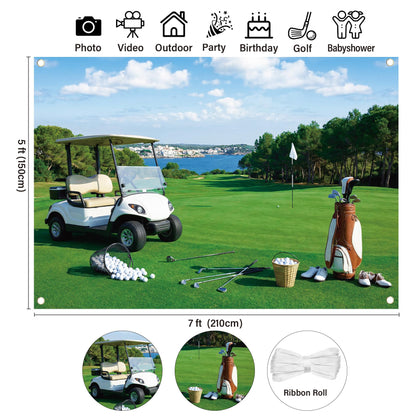 Golf Course Backdrop for Photography - 7x5 ft Golf Sport Holiday Vacation Retirement Backdrop Photo Props Green Grass Blue Sky Lawn Flag Lake Outdoor Sports Backgrounds