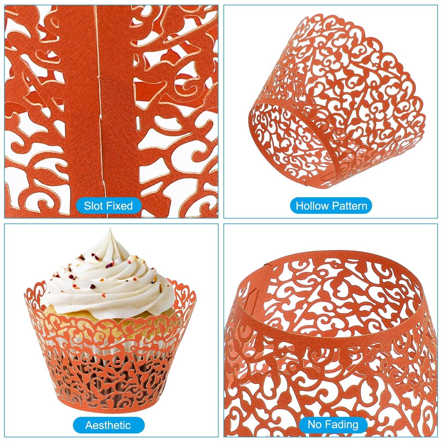 PATIKIL Cupcake Wrappers Paper, 50 Pack Baking Cups Standard Vine Decoration for Anniversary Birthday Weddings and Parties, Orange Red