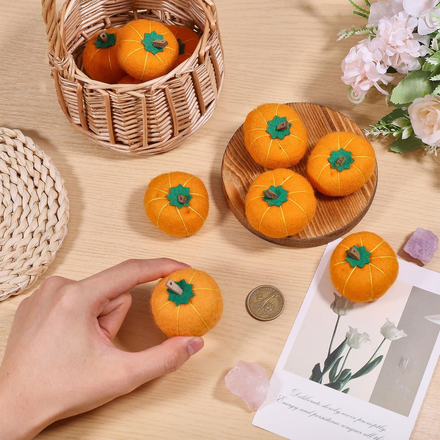 CHGCRAFT 10 Pcs Wool Felt Pumpkin 1.7 Inch Mini Fall Handmade Wool Felt Pumpkins for Crafts Autumn Thanksgiving Halloween Party Favors Farmhouse Decor, Orange Yellow