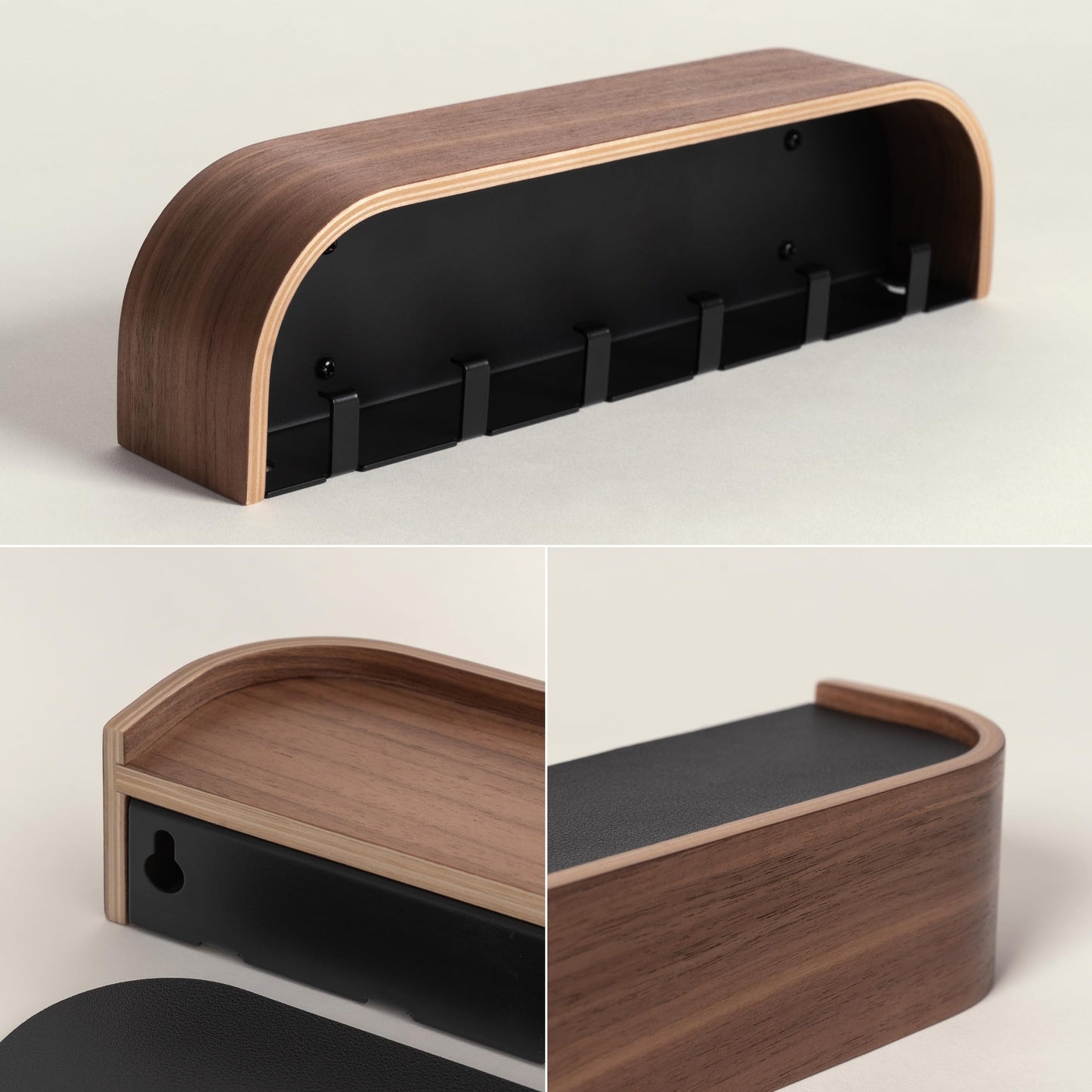 Kazai. Key Holder 'Toke' | Minimalist Key Hook Design from Berlin | Modern Key Holder Wall Mount with Wooden Shelf | Key Rack for Wall as Entryway Organizer | Walnut