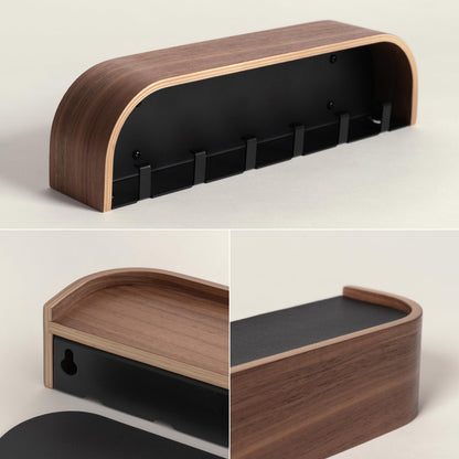 Kazai. Key Holder 'Toke' | Minimalist Key Hook Design from Berlin | Modern Key Holder Wall Mount with Wooden Shelf | Key Rack for Wall as Entryway Organizer | Walnut