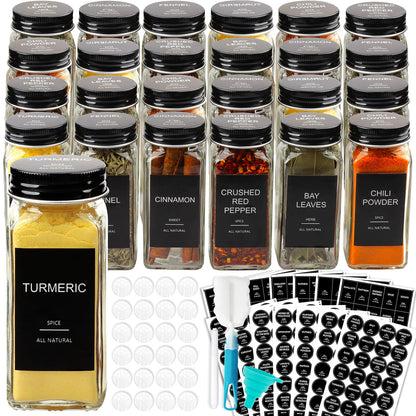 AISIPRIN 24 Pcs Glass Spice Jars with 398 Labels, 4oz Empty Square Spice Containers Seasoning Bottles - Shaker Lids, Funnel, Brush and Marker Included(Black Metal Caps)